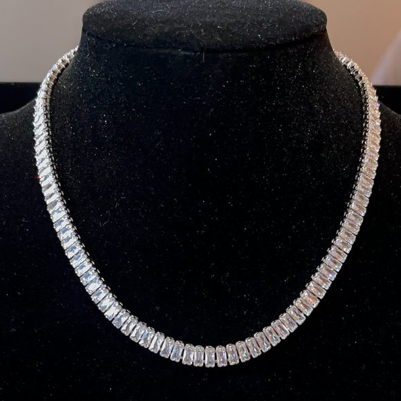 Diamond CZ Rectangle Baguette Tennis Necklace 113 - Picture 7 of 8